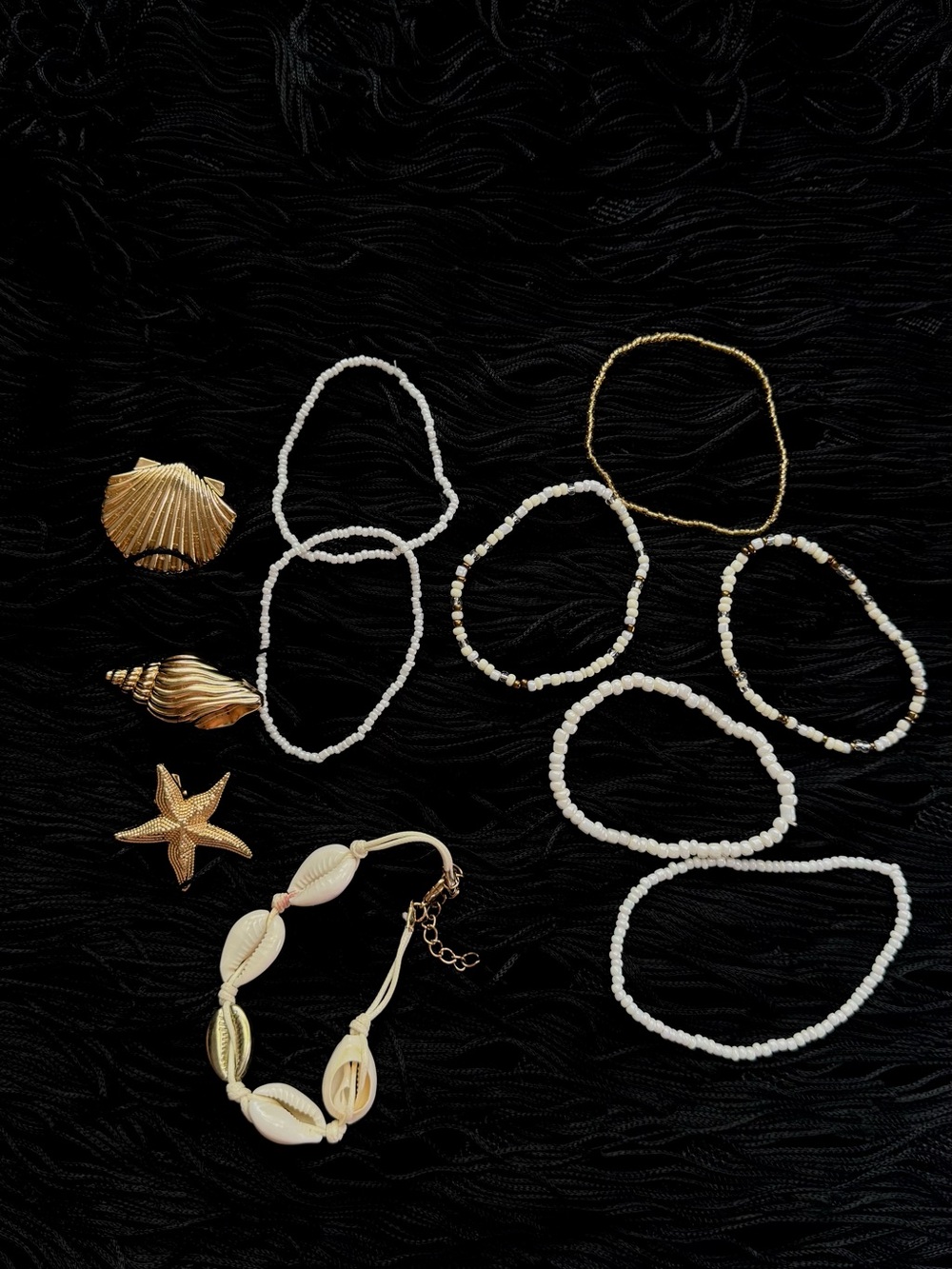 White Beaded and Shell Bracelet Set by